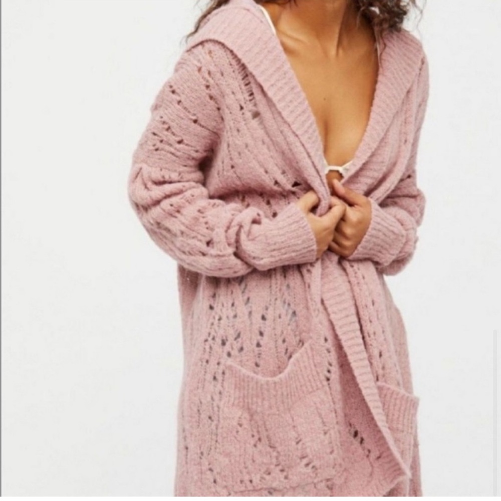 Free People Lemon Drop Hooded Pointelle-Knit Cardigan Sweater Alpaca Rose Size L